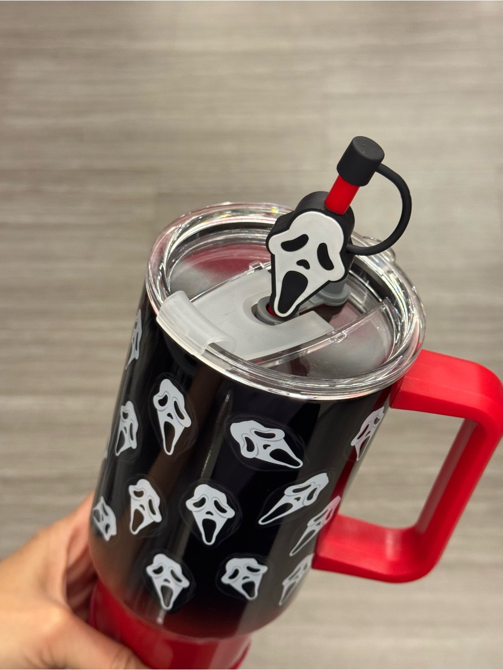 Black and Red Ghost Face Insulated Party Tumbler with Handle - Picture 2 of 3